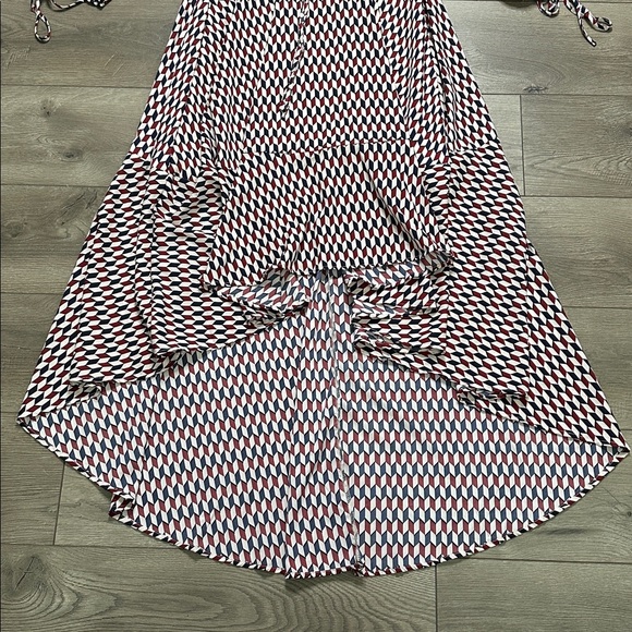 Mulla High Low Ruffle Cut Out Maxi‎ Dress Red Black Geometric Size Medium - Picture 9 of 16